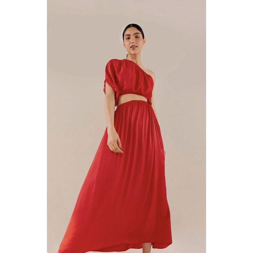 Farm Rio Red One Shoulder Dress Cut Out Maxi Satin Knot Waist NWOT Sz M